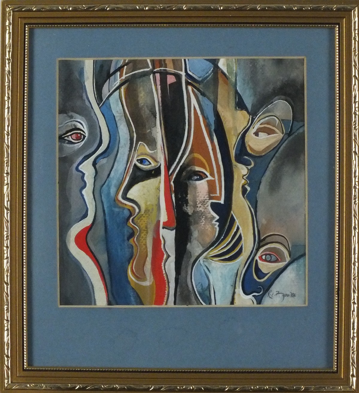 R E Z*** (20th Century) Abstract Heads, Gouache, Signed and dated 86 lower right, 7" x 7" (18cm x - Image 2 of 3