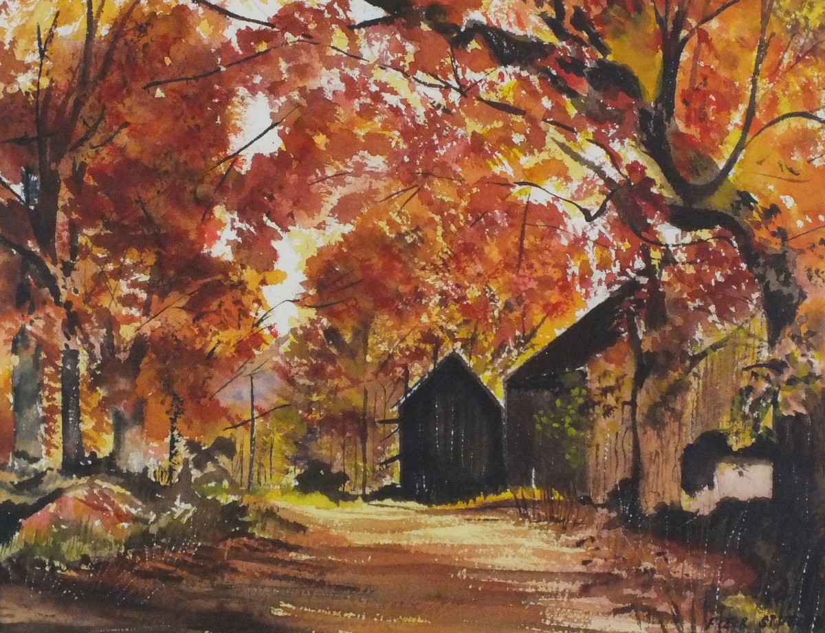 Peter B STUTZMAN (American 20th Century) Barn in Autumnal Woodland, Watercolour, Signed lower right,