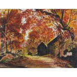 Peter B STUTZMAN (American 20th Century) Barn in Autumnal Woodland, Watercolour, Signed lower right,