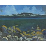 John NASH (British 20th/21st Century) Rocky Seascape with Island, Oil on board, Signed lower