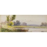 Abraham HULK jnr (British 1851-1922) Extensive Landscape, Watercolour, 7" x 18" (18cm x 46cm),