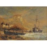 Manner of Alfred George MORGAN, (1848-1930) Beached Vessels, Watercolour, Indistinctly signed