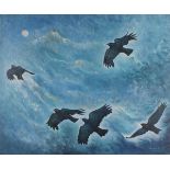 Adrian SMITH (British b. 1946) Five Choughs over a Stormy Sea, Acrylic on canvas, Signed lower