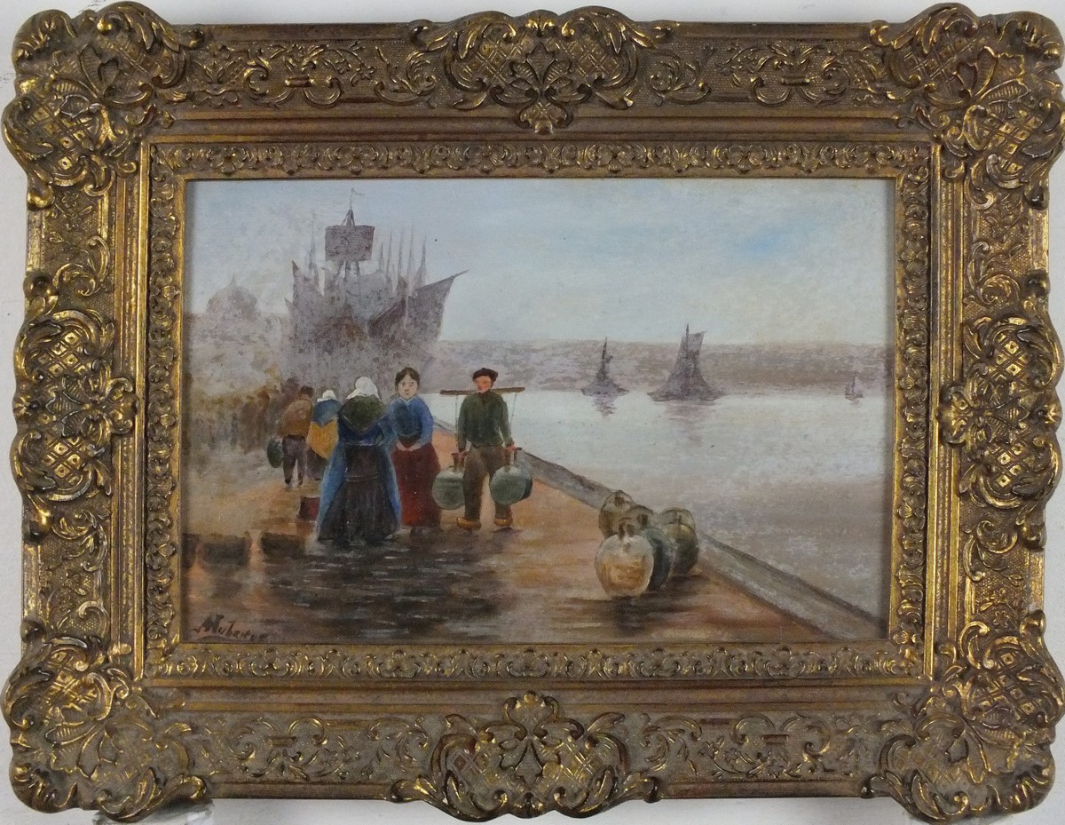 A JUBERTS (19th/20th Century) Figures on a Quayside, Oil on board, Signed lower left, 15cm x 24cm ( - Image 2 of 3