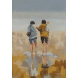 B SOLANDA (20th Century) Two figures on a Beach, Oil on board, Signed lower right, 14.25" x 10.