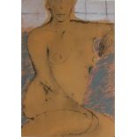John EMANUEL (British b. 1930) Female Nude, seated on a blue ground, Pen and watercolour, 20.5" x
