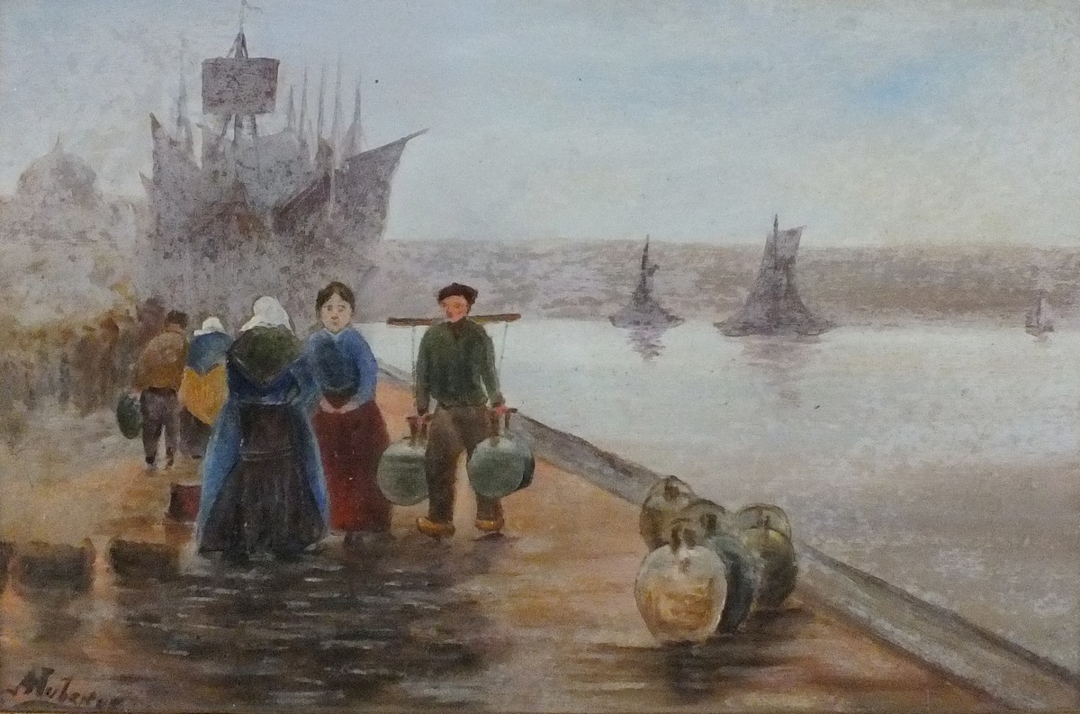 A JUBERTS (19th/20th Century) Figures on a Quayside, Oil on board, Signed lower left, 15cm x 24cm (