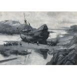 G HAWLEY (British 20th Century) Refitting the Pelican, Oil on board - grisaille, Signed lower right,