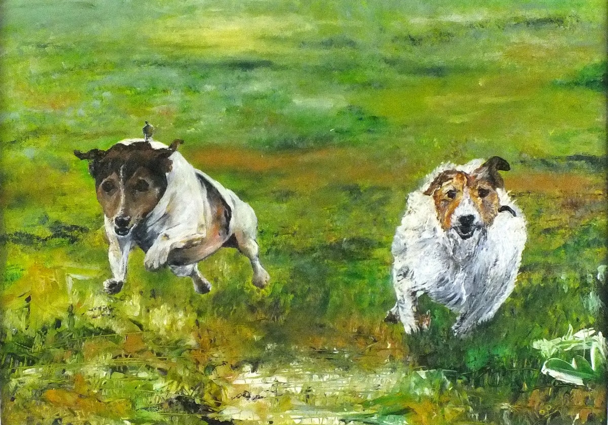 Mike MOORE (British b. 1950) Russell Run - two Parson's Jack Russell dogs, Oil on board, Signed,