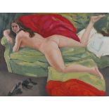 20th Century British School Nude Study - Woman reclining on a green sofa, Oil on canvas, 17.25" x