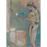 Jean de KEERSMAEKER (20th Century) Nude Reading a Newspaper, Watercolour and pencil, Signed and