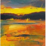 Steve SLIMM (British b. 1953) Yellow Light I - sailing vessel in an estuary, Oil on board, Signed