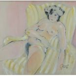 Jean de KEERSMAEKER (20th Century) Nude Reclining in a Yellow Striped Chair, Watercolour, Signed and