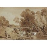 19th Century Italian School Cattle and Figures beside a River Bridge, Sepia, 7" x 9.75" (18cm x