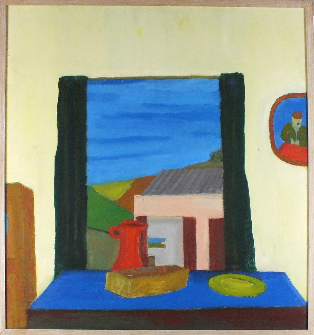 Bob BOURNE (British b. 1931) Blue Table and Red Jug, Oil on board, Inscribed with title verso, 31.5" - Image 2 of 2