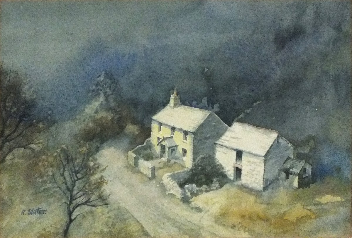 Richard SLATER (British b. 1927) Cottage and Barn in Morning Sun, Watercolour, Signed lower left,