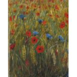 Minou STEINER (British 1940-2008) Cornflowers and Poppies in a Wheat, Mixed media, Signed lower