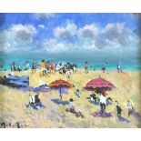 John AMBROSE (British 1931-2010) Beach with Parasols and a Windbreak, Oil on board, Signed lower