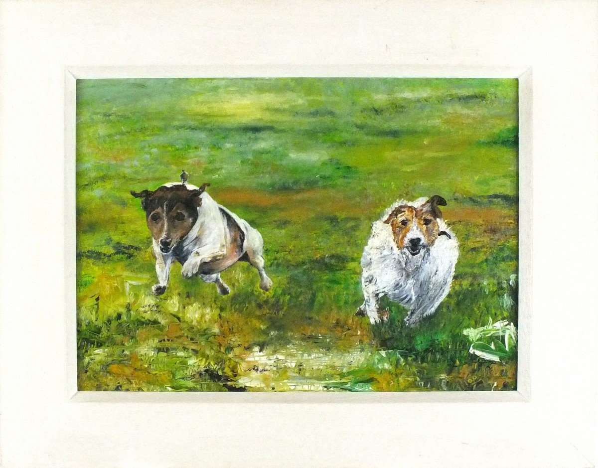 Mike MOORE (British b. 1950) Russell Run - two Parson's Jack Russell dogs, Oil on board, Signed, - Image 2 of 2