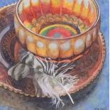 Rita SMITH ( British 20th/21st Century) Amber Plate and Carnival Glass Bowl, Watercolour, Signed