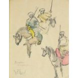 Villiers P DAVID (British 1906 - 1985) Moroccan Horsemen, Pencil and watercolour on paper, Signed