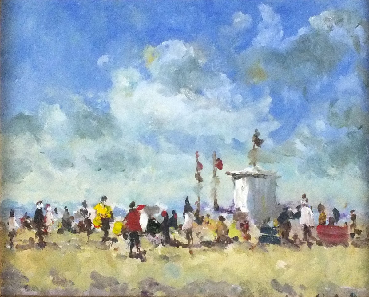 John AMBROSE (British 1931-2010) Busy Beach with Windbreaks and a White Tent, Oil on board, Signed