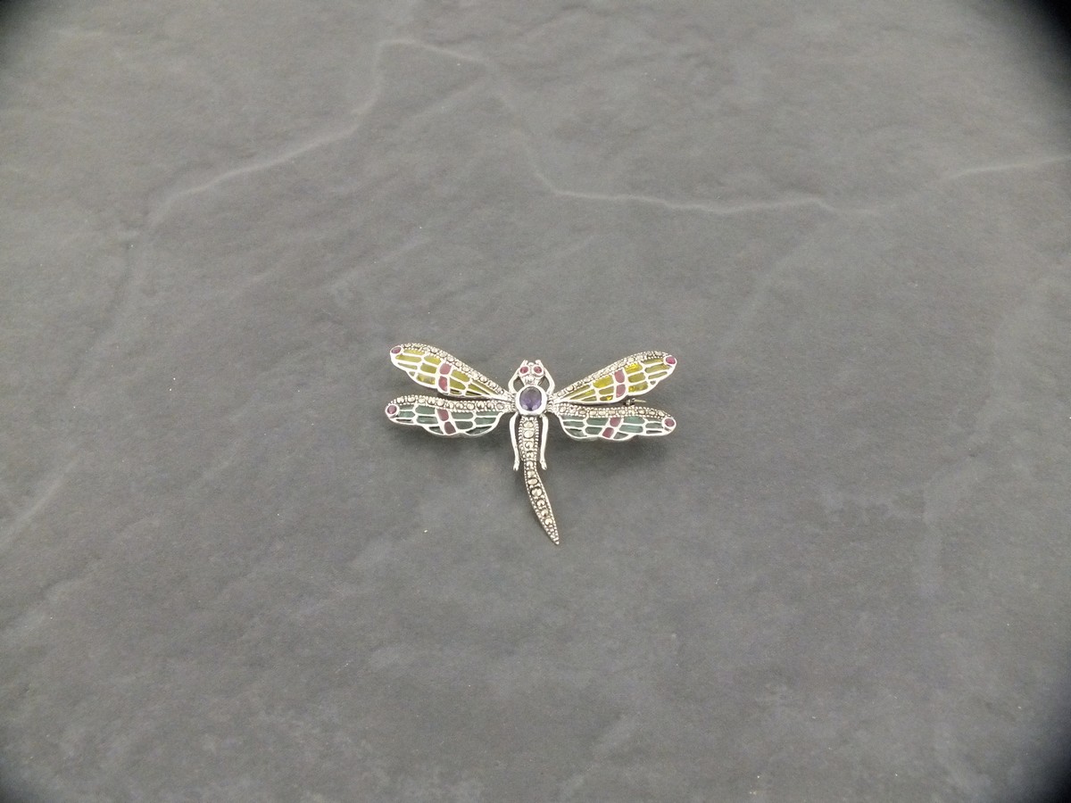 A silver dragonfly brooch / pendant set with amethyst, ruby eyes and wing tips marcasite and