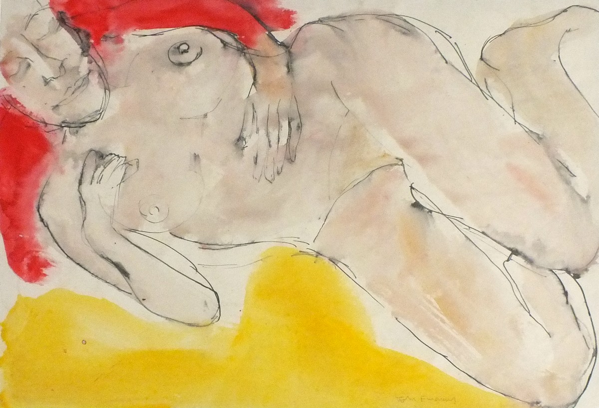 John EMANUEL (British b. 1930) Reclining Female Nude, Pen and watercolour, Signed in pencil lower