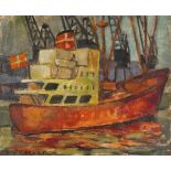 Geoffrey UNDERWOOD (British 1927-2000) Red Trawler, Oil on board, Signed lower left, 15" x 17.75" (