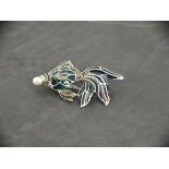 Silver fish brooch / pendant set with pearl, marcasite and plique a jour