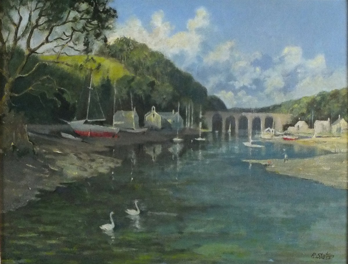 Richard SLATER (British b. 1927) River Tamar with the Calstock Viaduct, Oil on canvas, Signed