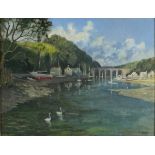 Richard SLATER (British b. 1927) River Tamar with the Calstock Viaduct, Oil on canvas, Signed