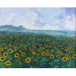 Joan SPEIGHT (British b. 1941) Cornish Sunflowers, Oil on canvas, titled, signed and dated 2014