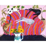 Ponckle FLETCHER (British 1934-2012) Four Cats on a Colourful Sofa with Jug of Sun Flowers,