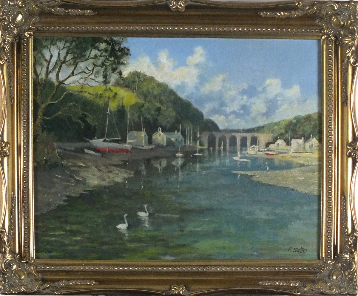 Richard SLATER (British b. 1927) River Tamar with the Calstock Viaduct, Oil on canvas, Signed - Bild 2 aus 2