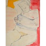 John EMANUEL (British b. 1930) Semi-nude Wearing Blue Camisole, Pen and watercolour, Signed in