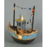 Shirley FOOTE (British b. 1934), Fishing boat with seagull, Unglazed pottery, beads and shells, 9" x