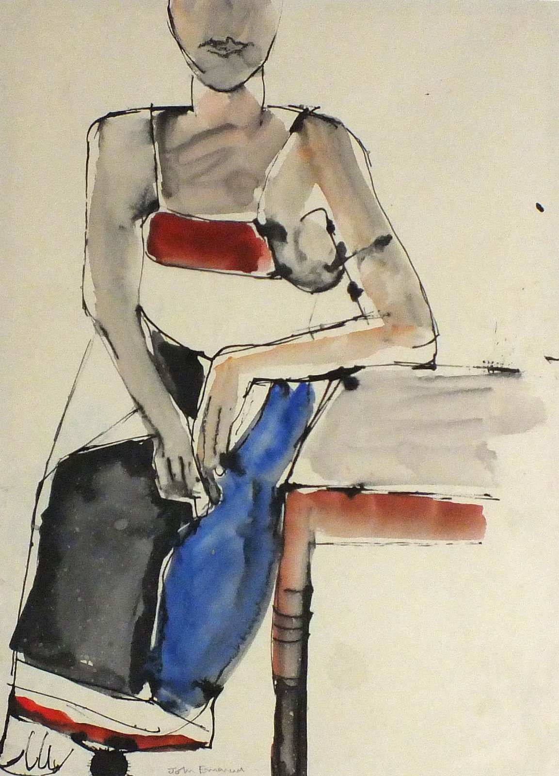 John EMANUEL (British b. 1930) Semi-nude Seated at a Table, Pen and watercolour, Signed in pencil