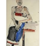 John EMANUEL (British b. 1930) Semi-nude Seated at a Table, Pen and watercolour, Signed in pencil