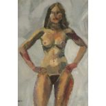 Samuel DODWELL (British 1909-1990) Standing Nude with Red Lips, Oil on card, Signed lower left, 19.
