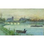 Continental School 19th Century Cathedral Town Viewed from a River at Dusk, Watercolour, 5.5" x