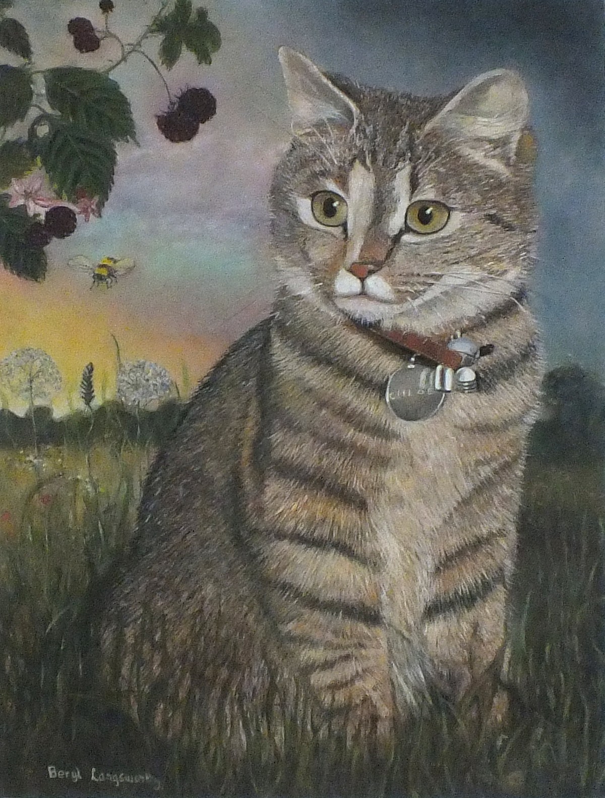 Beryl LANGSWORTHY (British b. 1944) Chloe - tabby cat in a garden, Gouache, Signed lower left, 13.5"