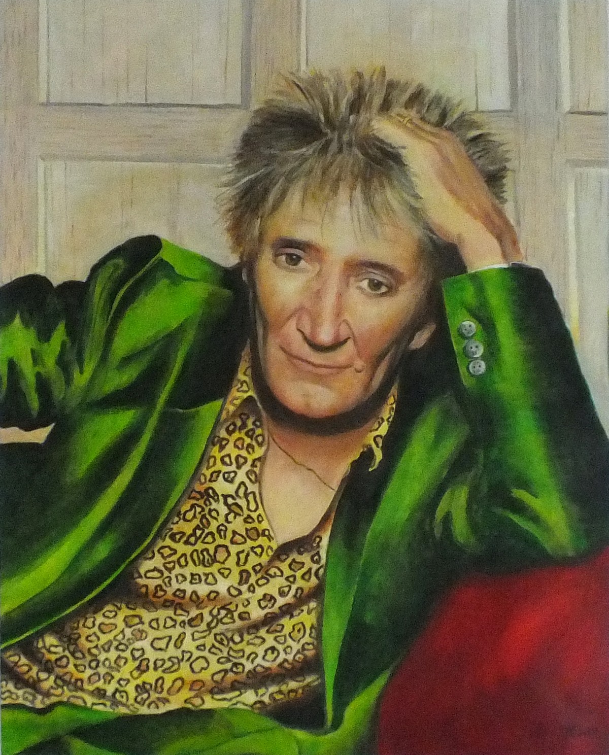 Jan Merrick HORN (British b. 1948) Portrait of Rod Stewart - reclining wearing a green jacket, Oil