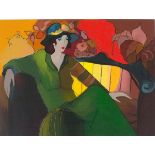 Itzchak TARKAY (Hungarian/Israeli 1935-2012) Woman in a Green Dress Relaxing on a Sofa, Lithograph