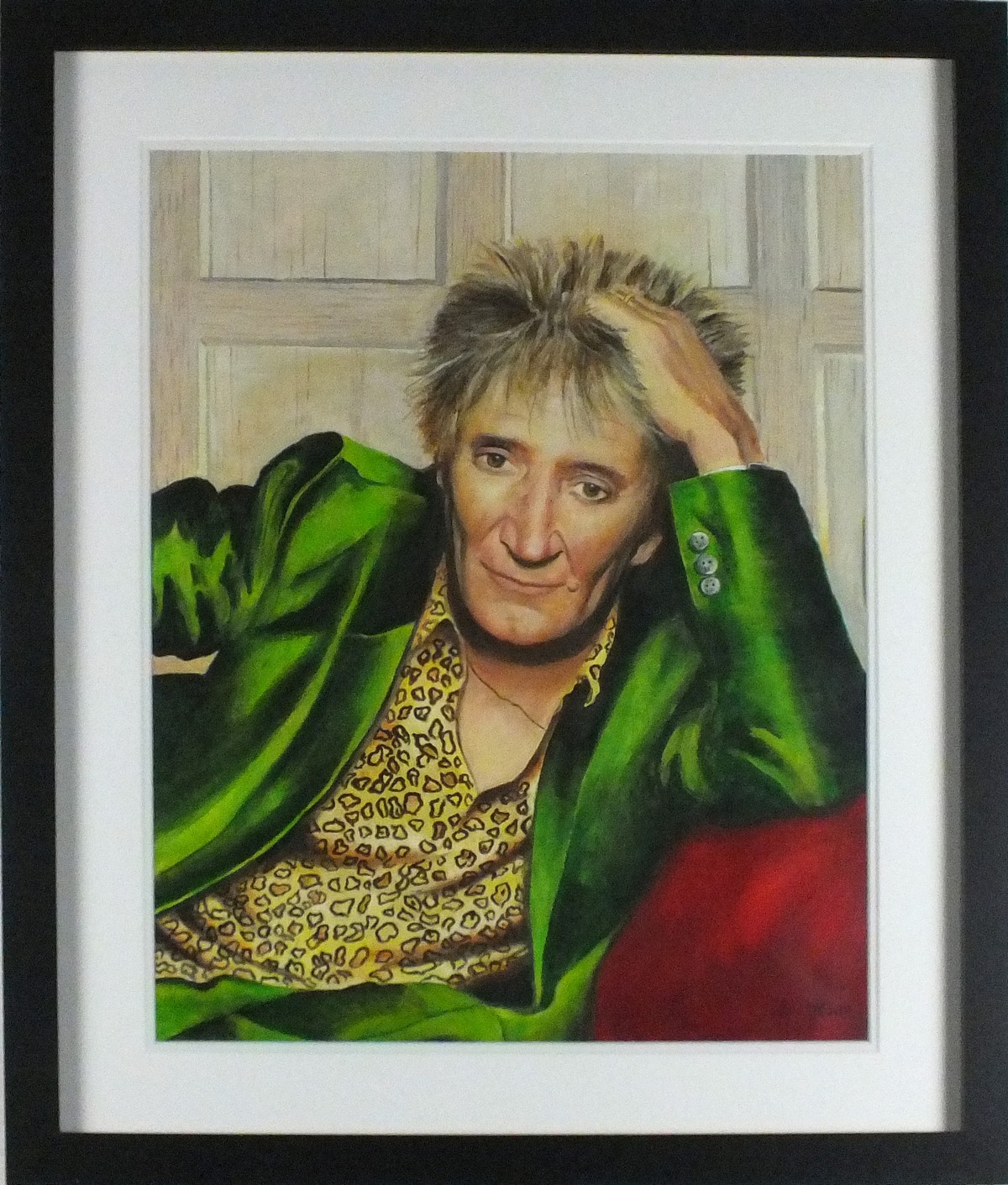 Jan Merrick HORN (British b. 1948) Portrait of Rod Stewart - reclining wearing a green jacket, Oil - Image 2 of 2