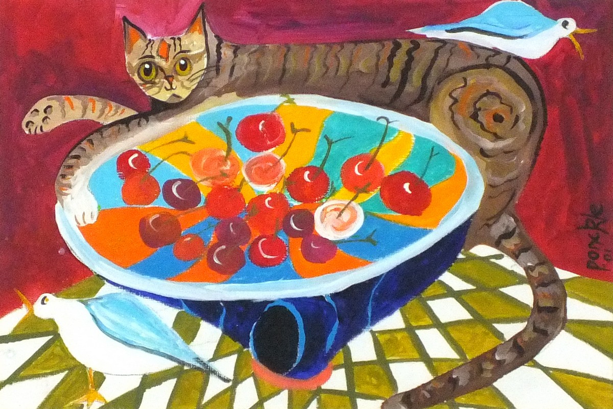 Ponckle FLETCHER (British 1934-2012) Tabby Cat with a Bowl of Cherries and Seagulls, Acrylic on