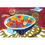 Ponckle FLETCHER (British 1934-2012) Tabby Cat with a Bowl of Cherries and Seagulls, Acrylic on