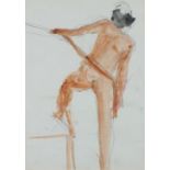 Rose HILTON (British 1931-2019) Standing Nude with a Rope, Pencil and watercolour, 16.25" x 11" (