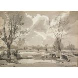 British 20th Century Water-meadow, Grisaille, Indistinctly signed lower right, 10.25" x 14.5" (