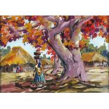 JUNRAID ? (20th Century Indian School) Woman Carrying Pots beneath a Tree, Indistinctly signed and